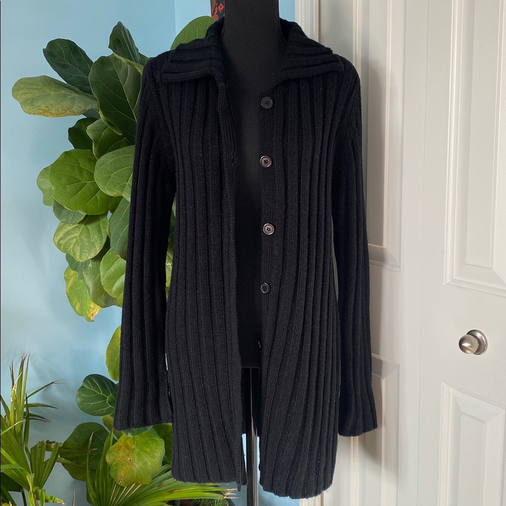 Vintage Airport Large Black Knit Woven Women's Button Up Long Cardigan Sweater
